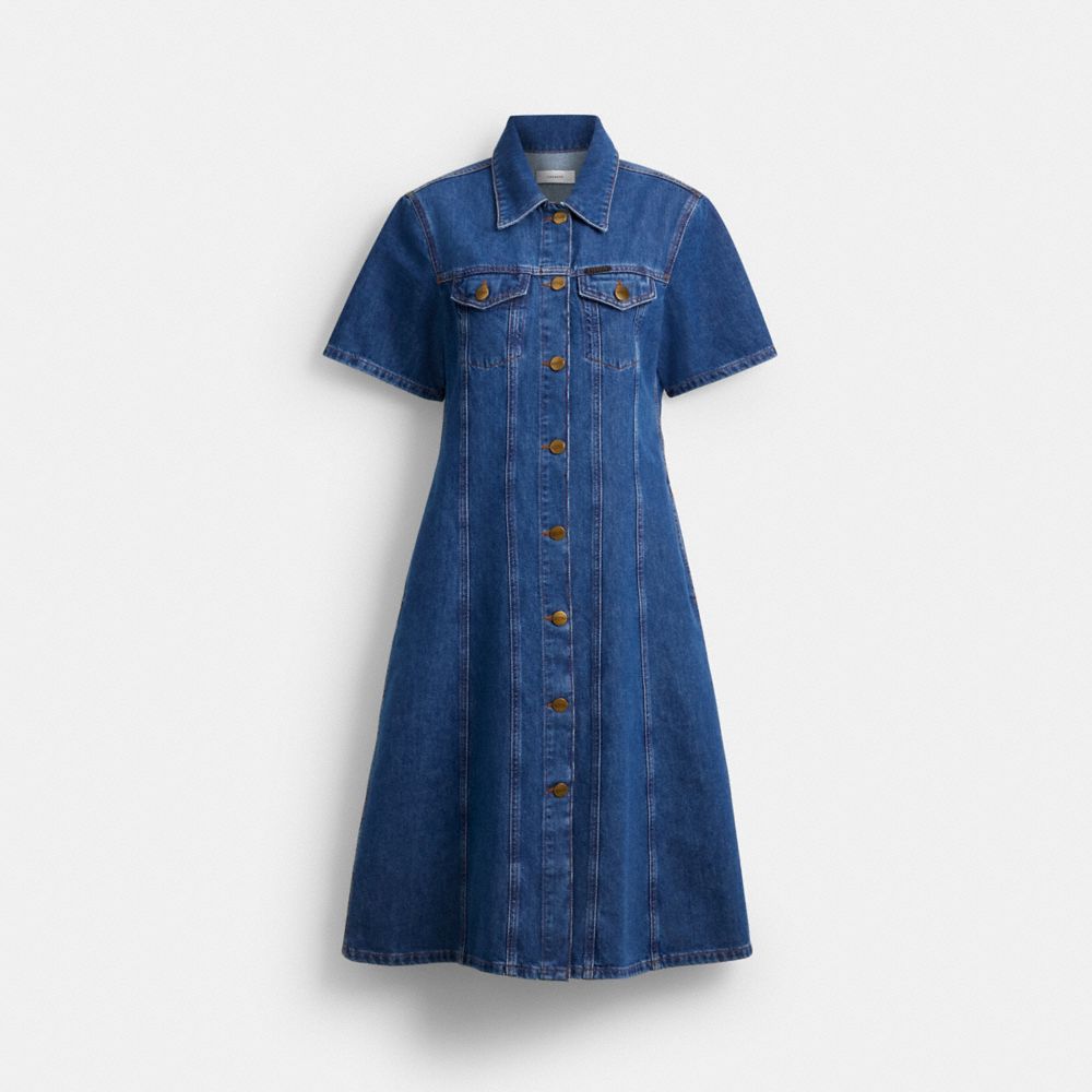 COACH®,Denim Midi Dress In Organic And Recycled Cotton,Cotton,A-Line,Shirt Dress,Tag Embellishment,Logo,Casual,Blue,Front View