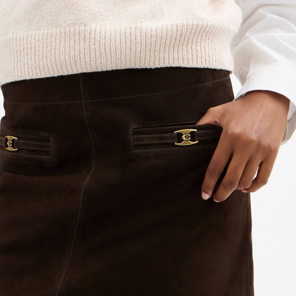 COACH®,Heritage C Suede Mini Skirt,Viscose,Recycled Polyester,A-Line,Logo,Metal,Casual,Brown,Detail View