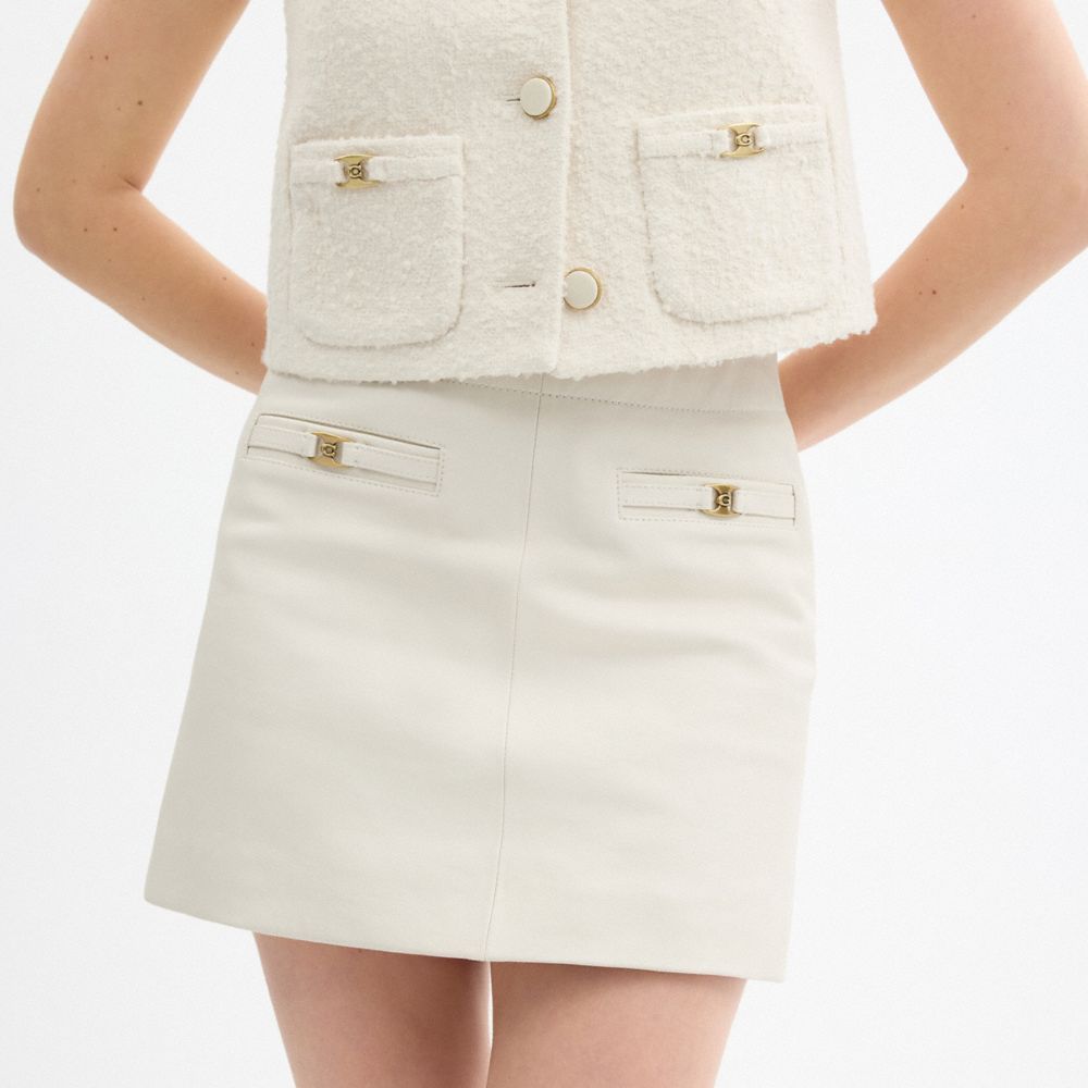 COACH®,Heritage C Leather Skirt,Cream,Detail View