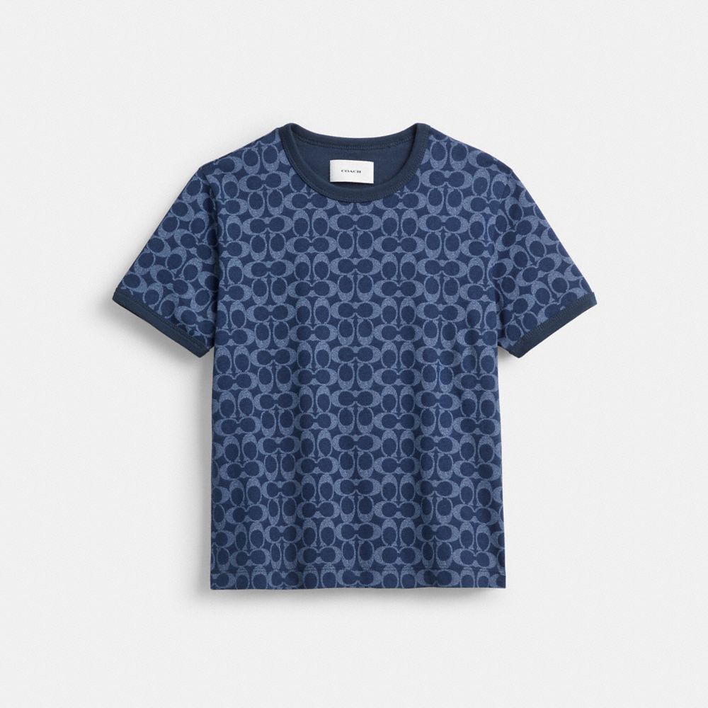 COACH®,Signature Ringer T Shirt In Organic Cotton,Organic Cotton,T Shirt,Piping,Sustainable,Casual,Navy,Front View