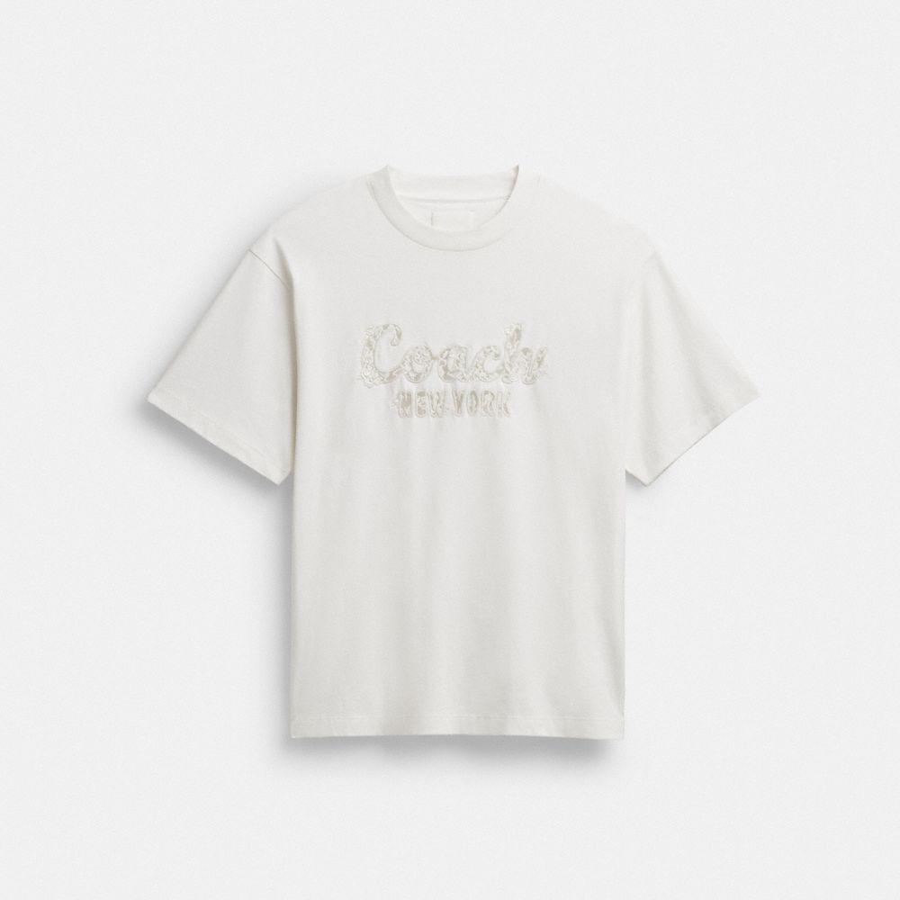 Shop Coach Cursive  Embroidered T Shirt In Organic Cotton In White