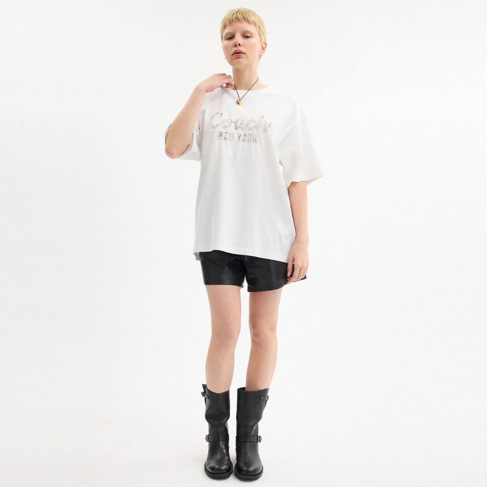 Shop Coach Cursive  Embroidered T Shirt In Organic Cotton In White