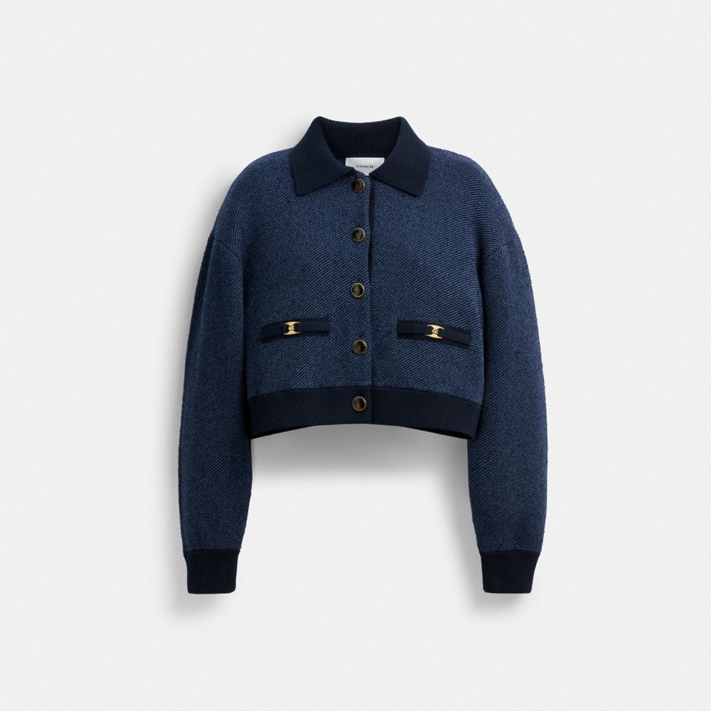 COACH®,Heritage C Cropped Collared Cardigan,Navy,Front View