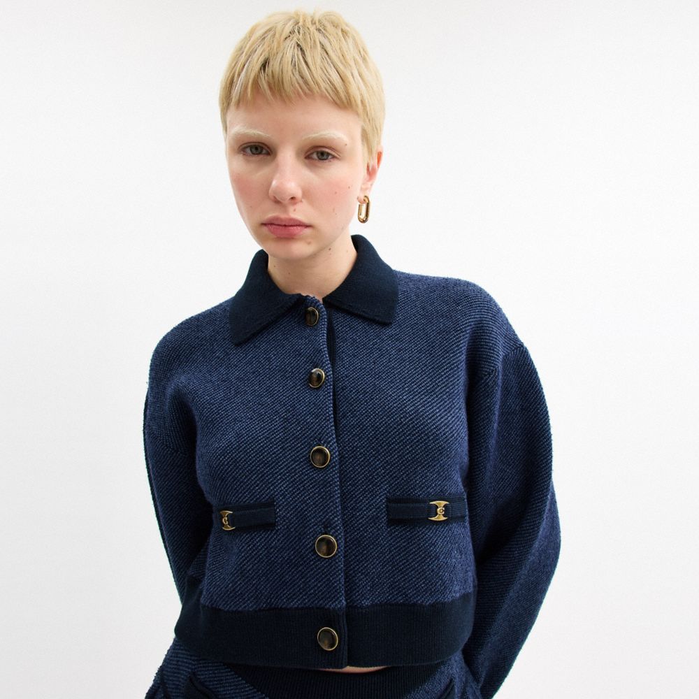 COACH®,Heritage C Cropped Collared Cardigan,Navy,Detail View