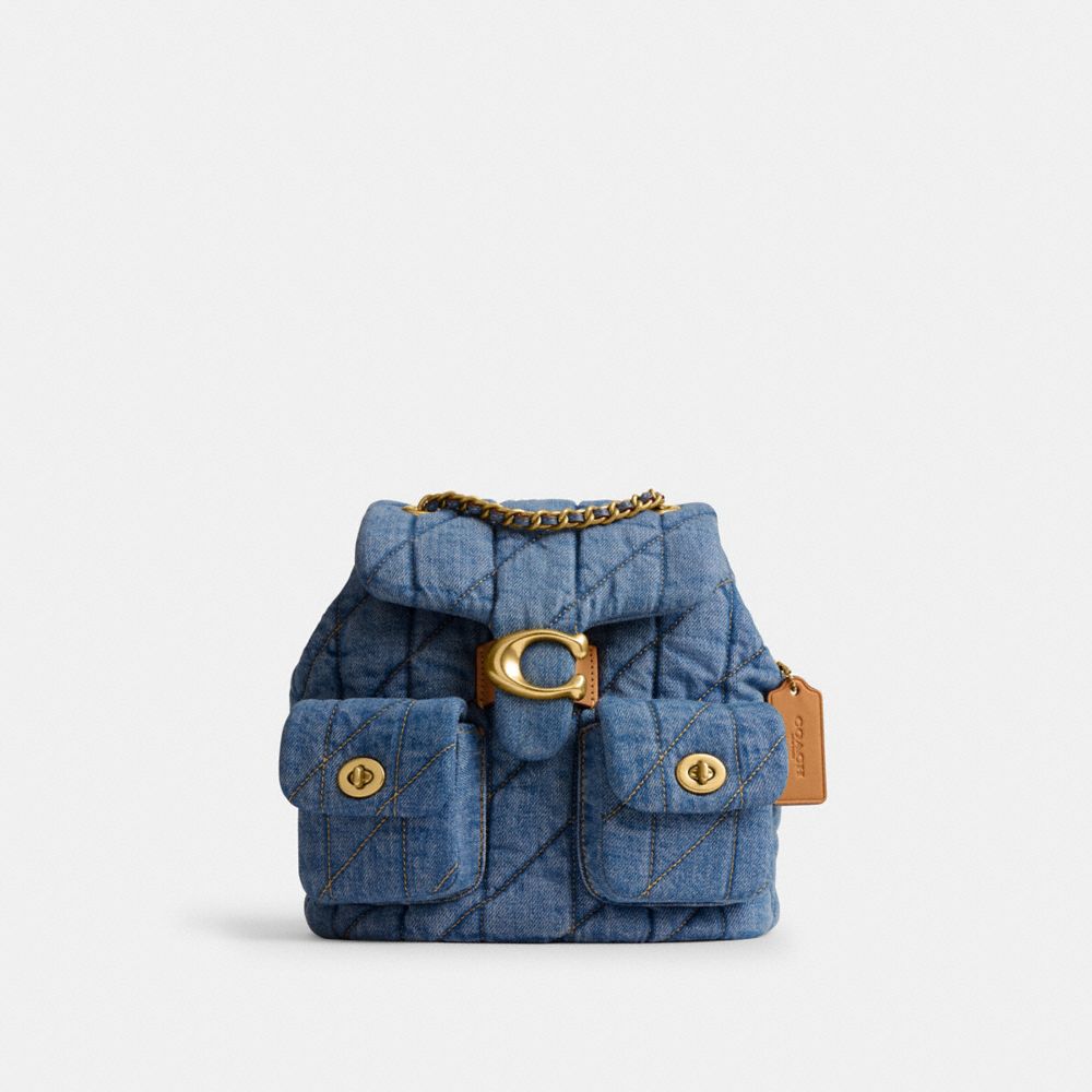 COACH®,Tabby Backpack With Quilting,Cotton,Denim,Backpack,Chain Detail,Logo,Metal,Adjustable,Brass,Day Party,Blue,Front View