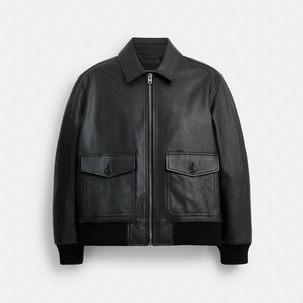 COACH®,Leather Bomber Jacket,Cowhide,Knit,Bomber,Leather,Casual,Black,Front View