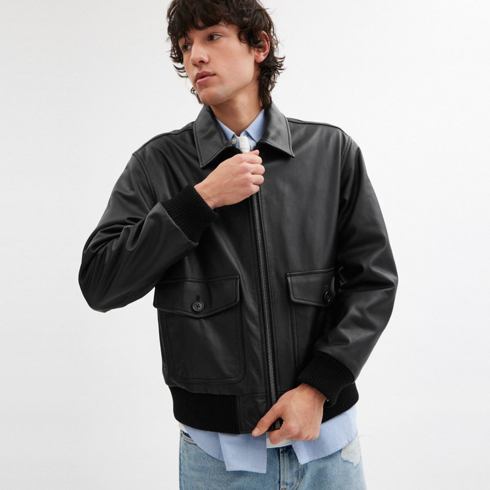 COACH®,Leather Bomber Jacket,Cowhide,Knit,Bomber,Leather,Casual,Black,Detail View