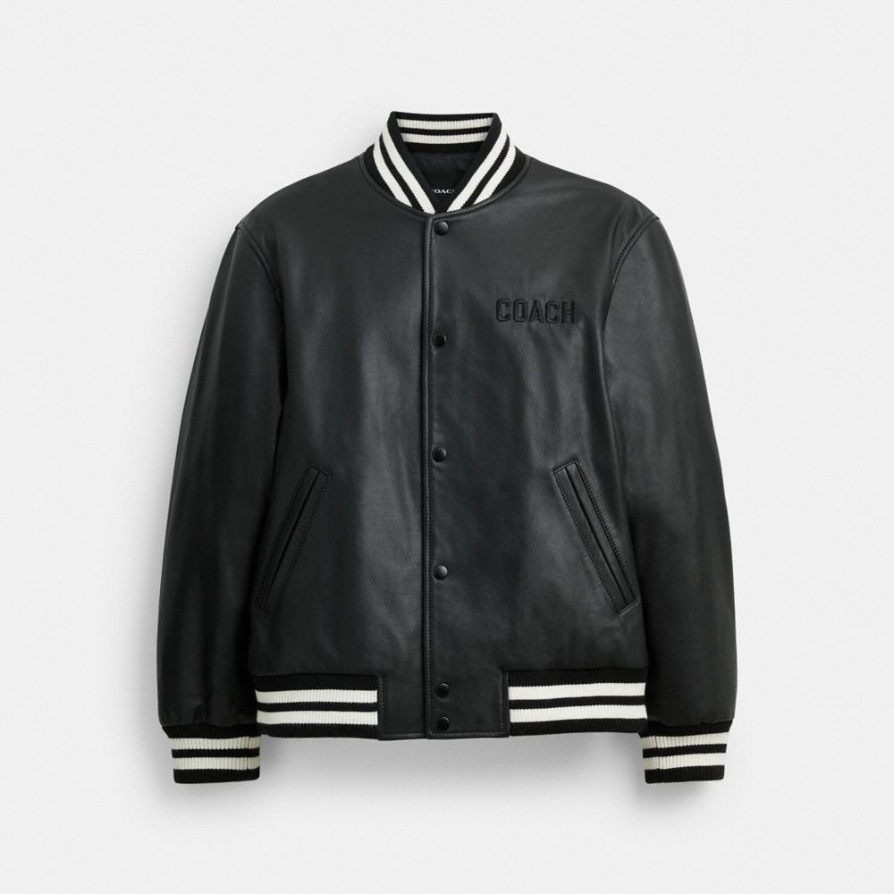 COACH®,Leather Varsity Jacket,Cowhide,Polyester,Bomber,Jacket,Logo,Stripe,Embroidered,Casual,Black,Front View