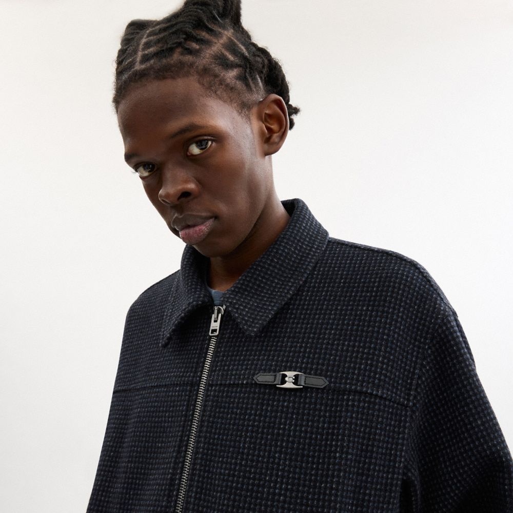 COACH®,Heritage C Plaque Harrington Jacket,Wool Blend,Polyamide,Polyester,Acrylic,Jacket,Logo,Metal,All Season,Casual,Gray,Detail View