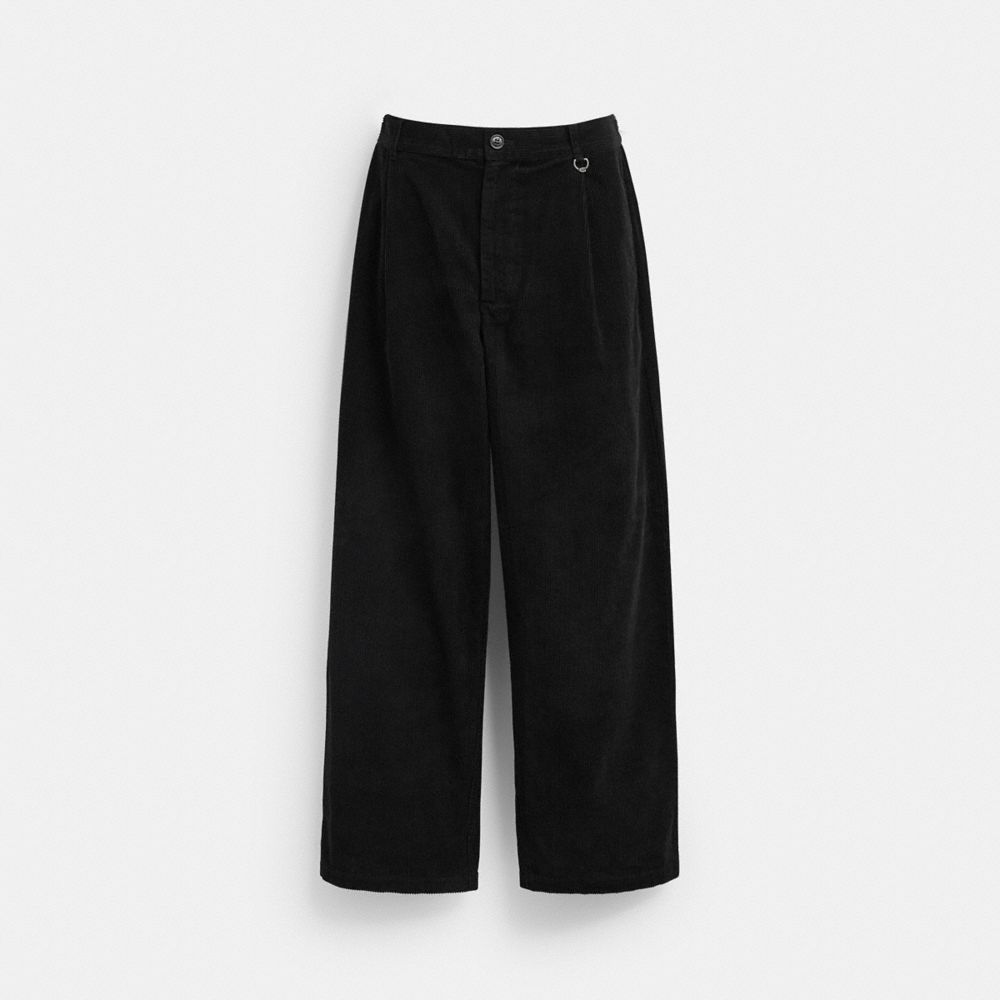 COACH®,Corduroy Trousers,Cotton,Corduroy,Wide Leg,Straight,D Ring Embellishment,Logo,Metal,Pleats,Casual,Black,Front View image number 0