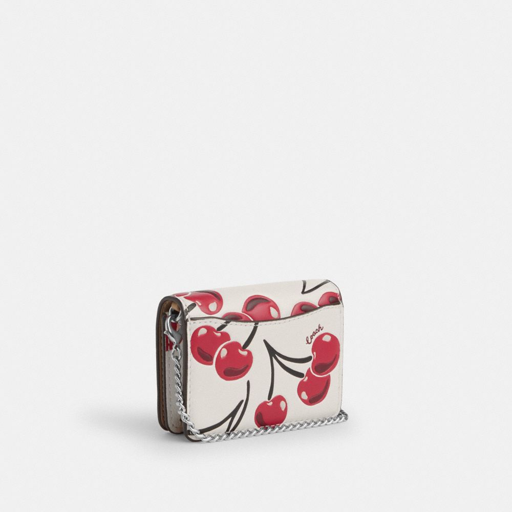 COACH®,Mini Wallet On A Chain With Cherry Print,Leather,Crossbody,Logo,Metal,Casual,White,Angle View