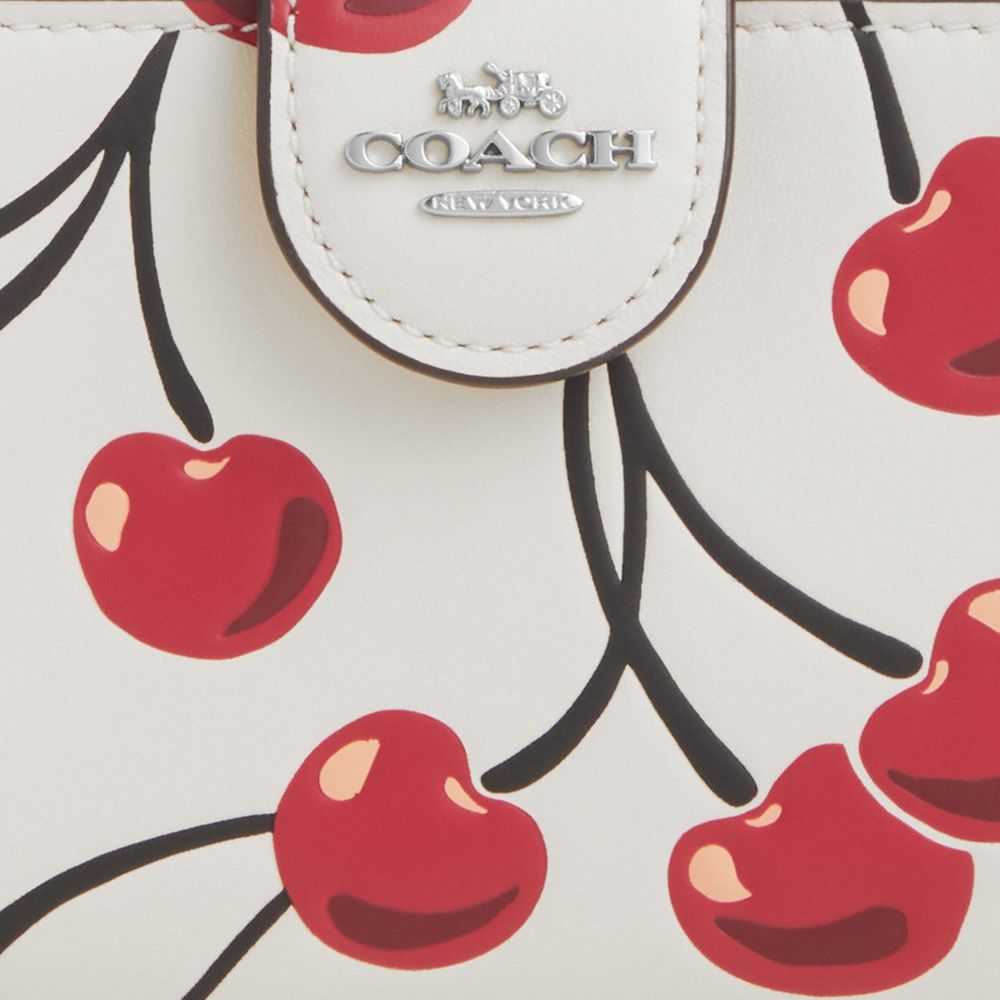 COACH®,Medium Corner Zip Wallet With Cherry Print,White