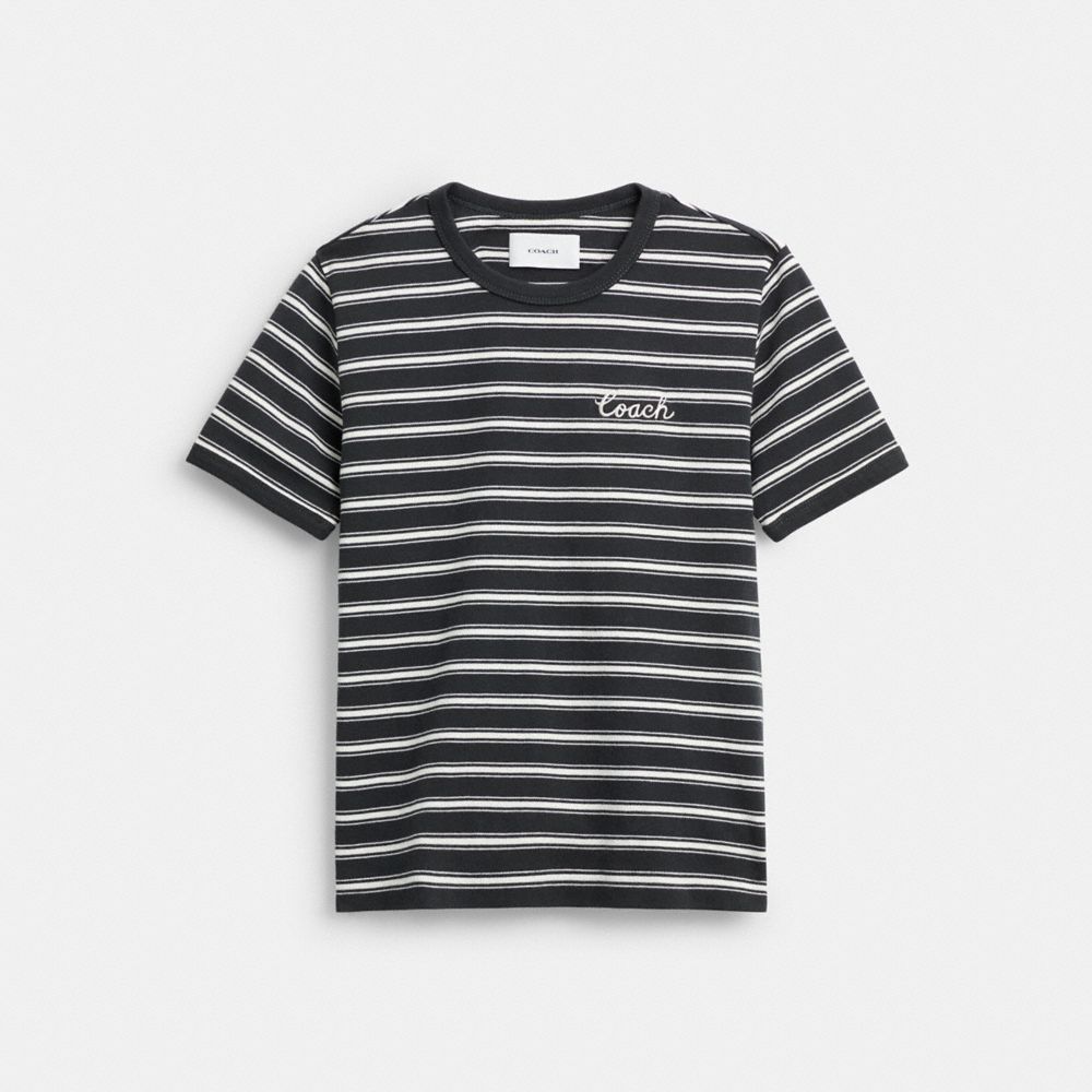 COACH®,Striped Signature Ringer T Shirt In Organic Cotton,Organic Cotton,T Shirt,Logo,Embroidered,Casual,Multi Color,Front View