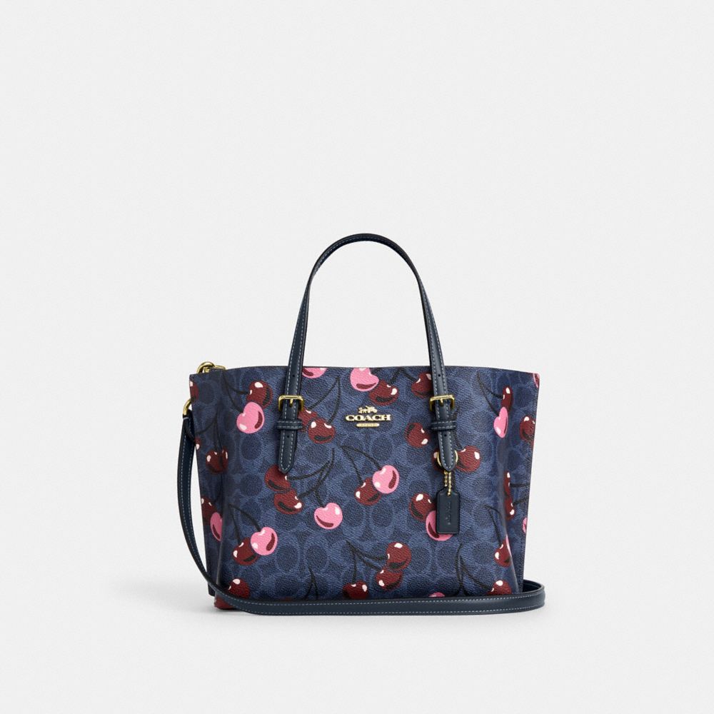 COACH®,Mollie Tote Bag 25 In Signature Canvas With Cherry Print,Navy,Front View