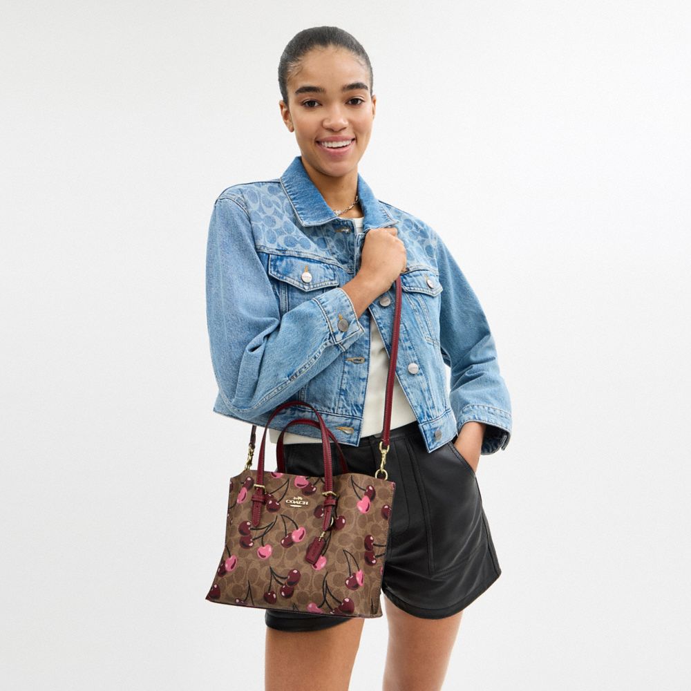 COACH®,Mollie Tote Bag 25 In Signature Canvas With Cherry Print,Canvas,Crossbody,Casual,Brown,Detail View