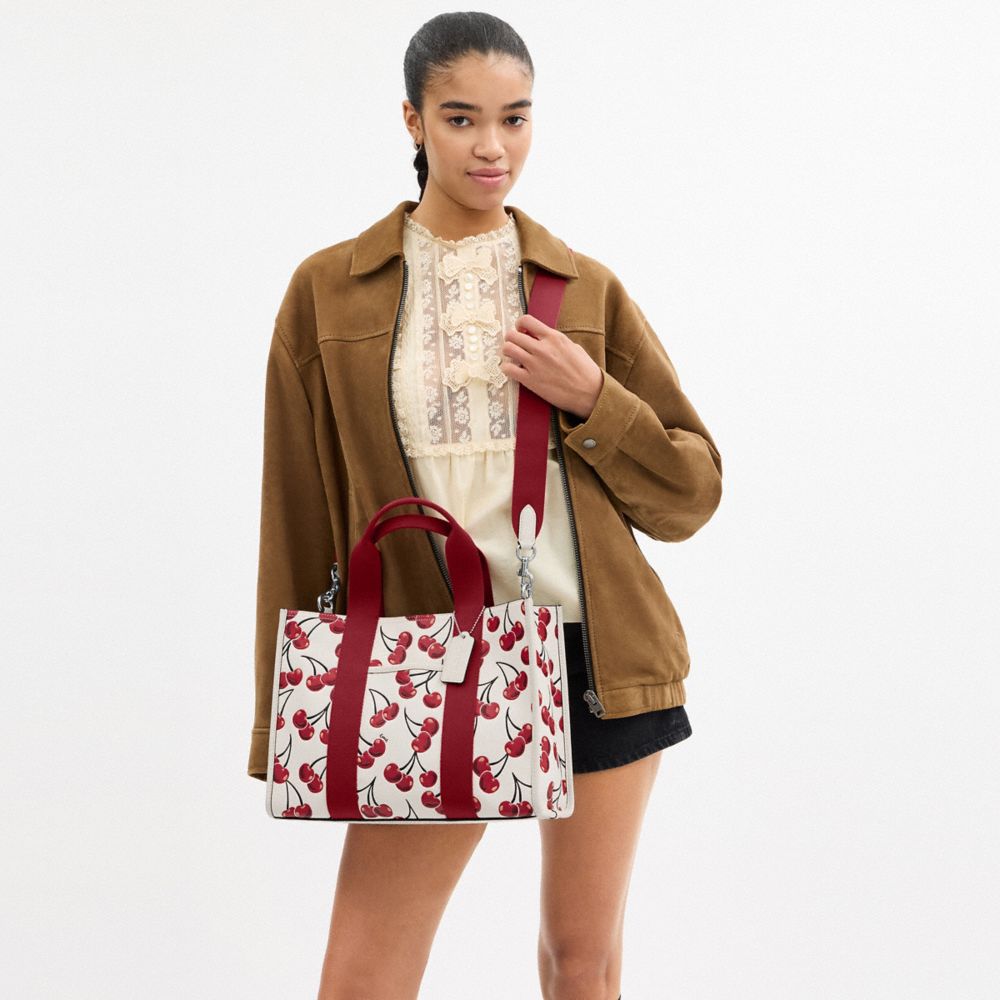 COACH®,Smith Tote Bag With Cherry Print,Leather,Tote,Logo,Word Embellishment,Stripe,Casual,Multi Color,Detail View