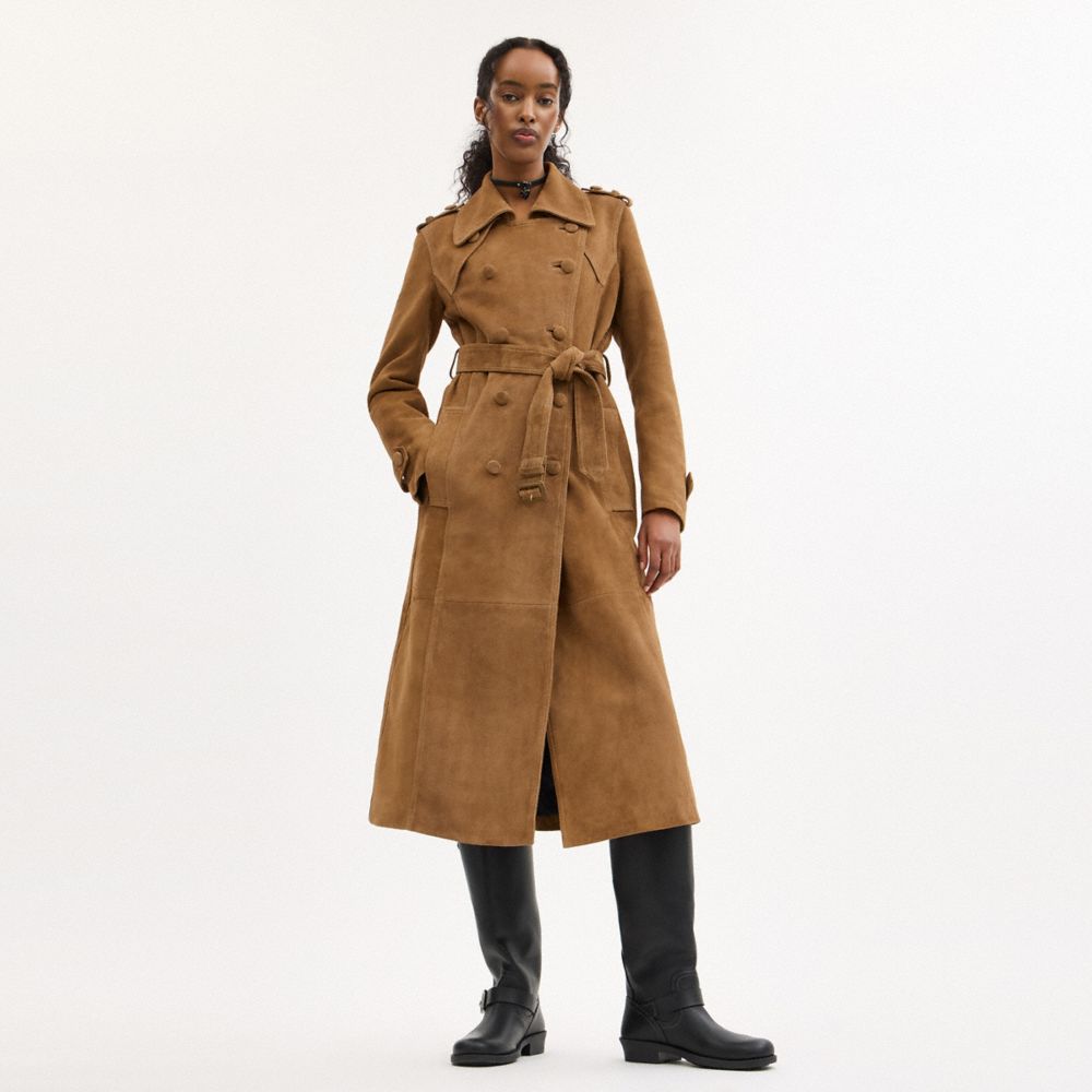 COACH®,Heritage C Plaque Suede Trench Coat,Lambskin,Suede,Viscose,Recycled Polyester,Trench,Button,Work,Brown,Scale View