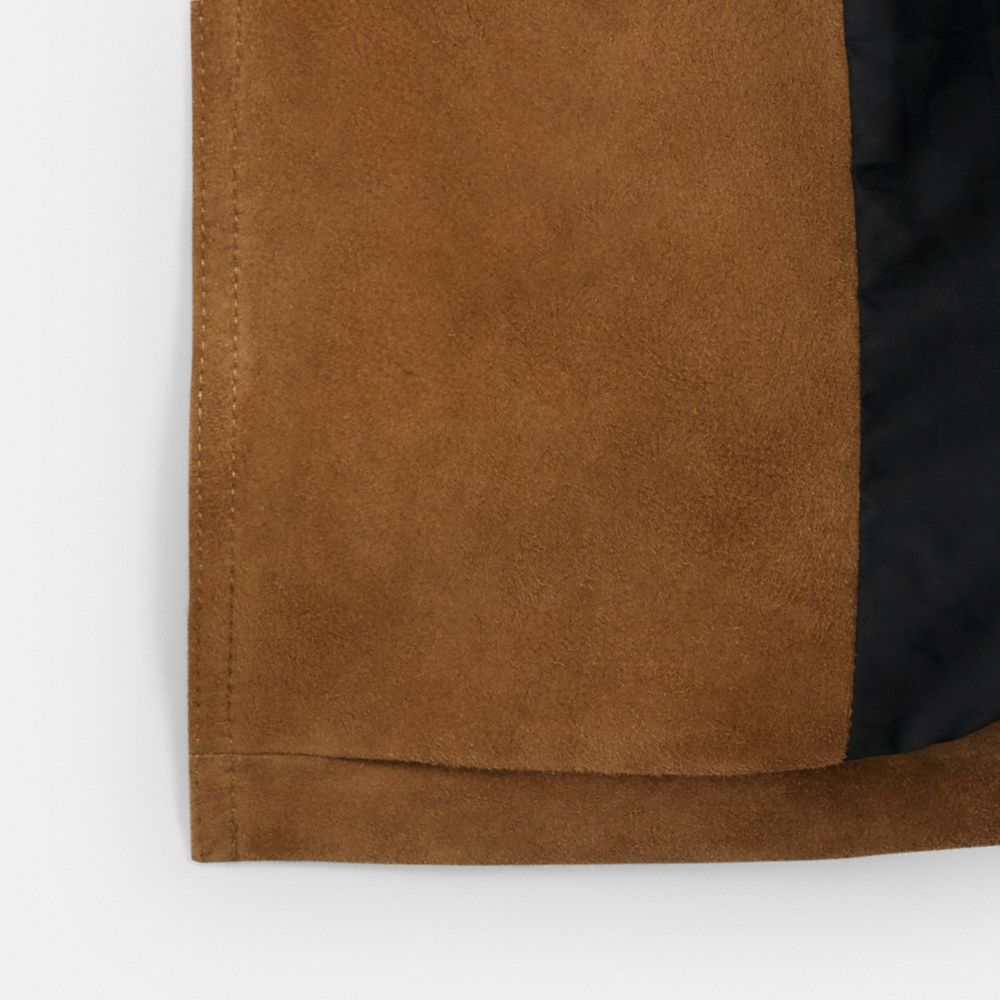 COACH®,Heritage C Plaque Suede Trench Coat,Lambskin,Suede,Viscose,Recycled Polyester,Trench,Button,Work,Brown,Inside View,Top View