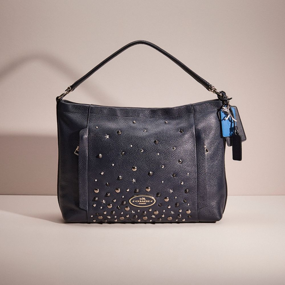 COACH®,Upcrafted Scout Hobo,Leather,Shoulder Bag,3D Embellishment,Logo,Metal,Studded,Gold Metal,Casual,Black,Front View
