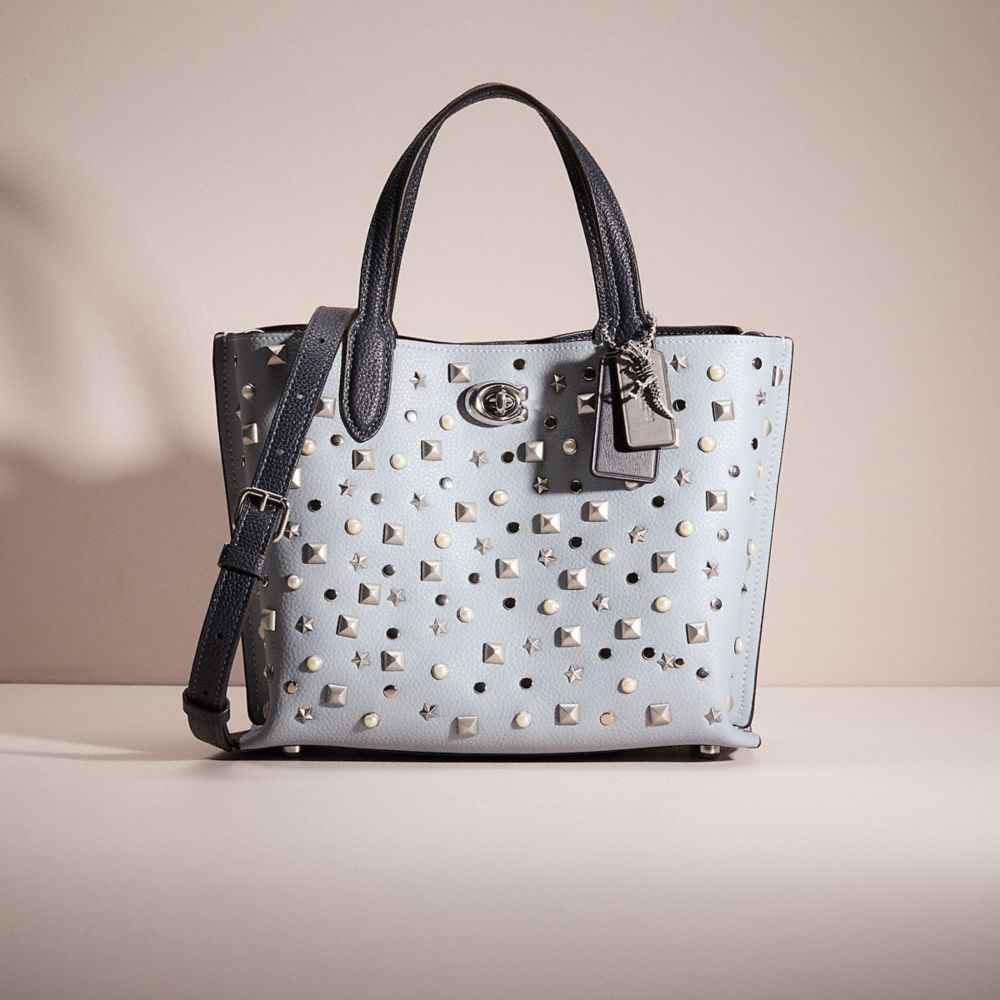 COACH®,Upcrafted Willow Tote 24 In Colorblock,Leather,Bucket,Ball Embellishment,Logo,Studded,Embellished,Pen Holder,Silver...,Blue,Front View