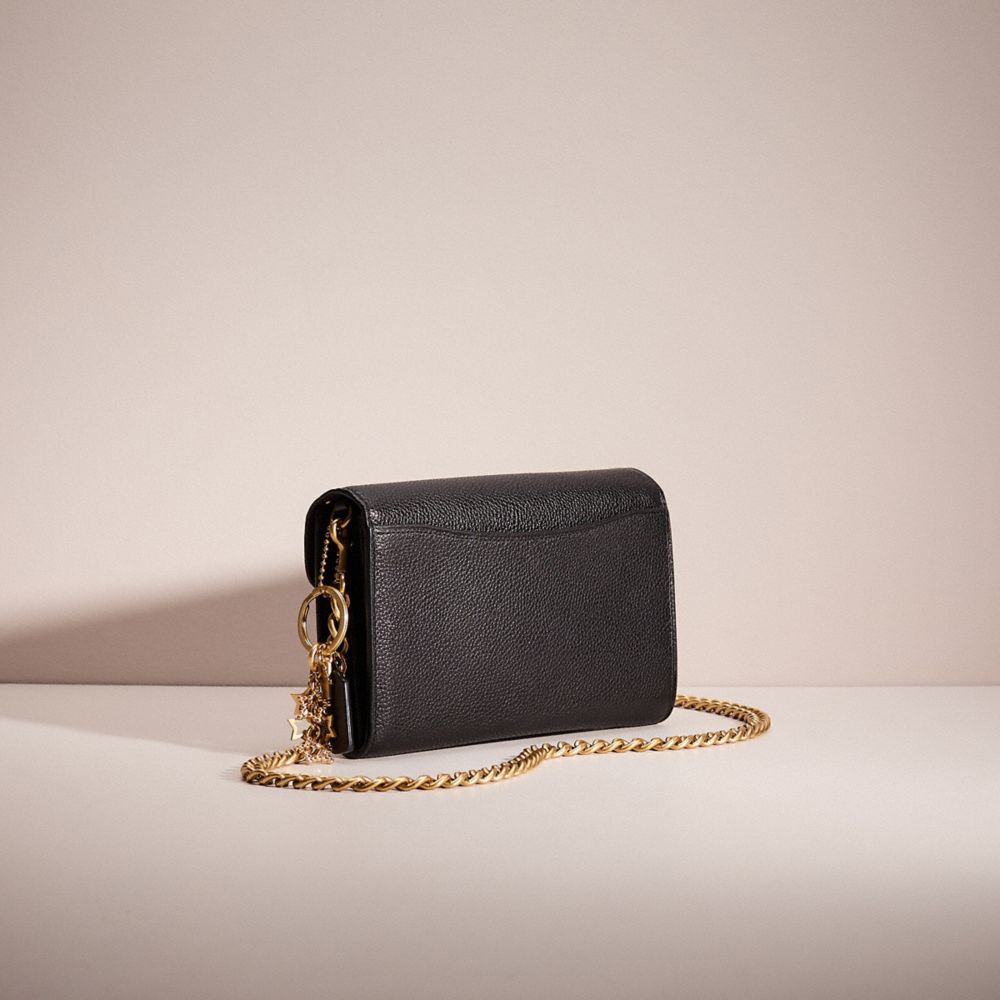 COACH®,Upcrafted Tabby Chain Clutch,Leather,Clutch,Logo,Studded,Rhinestones,Gold Metal,Casual,Black,Angle View