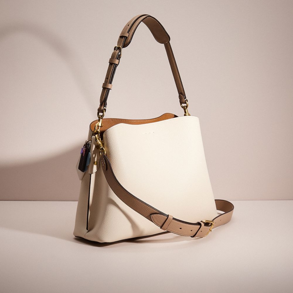 COACH®,Upcrafted Willow Shoulder Bag In Colorblock,Leather,Bucket,Logo,Pattern,Casual,White,Angle View
