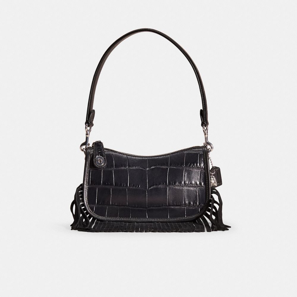 COACH®,Upcrafted Swinger 20,Leather,Shoulder Bag,Fringe,Day Party,Black,Front View