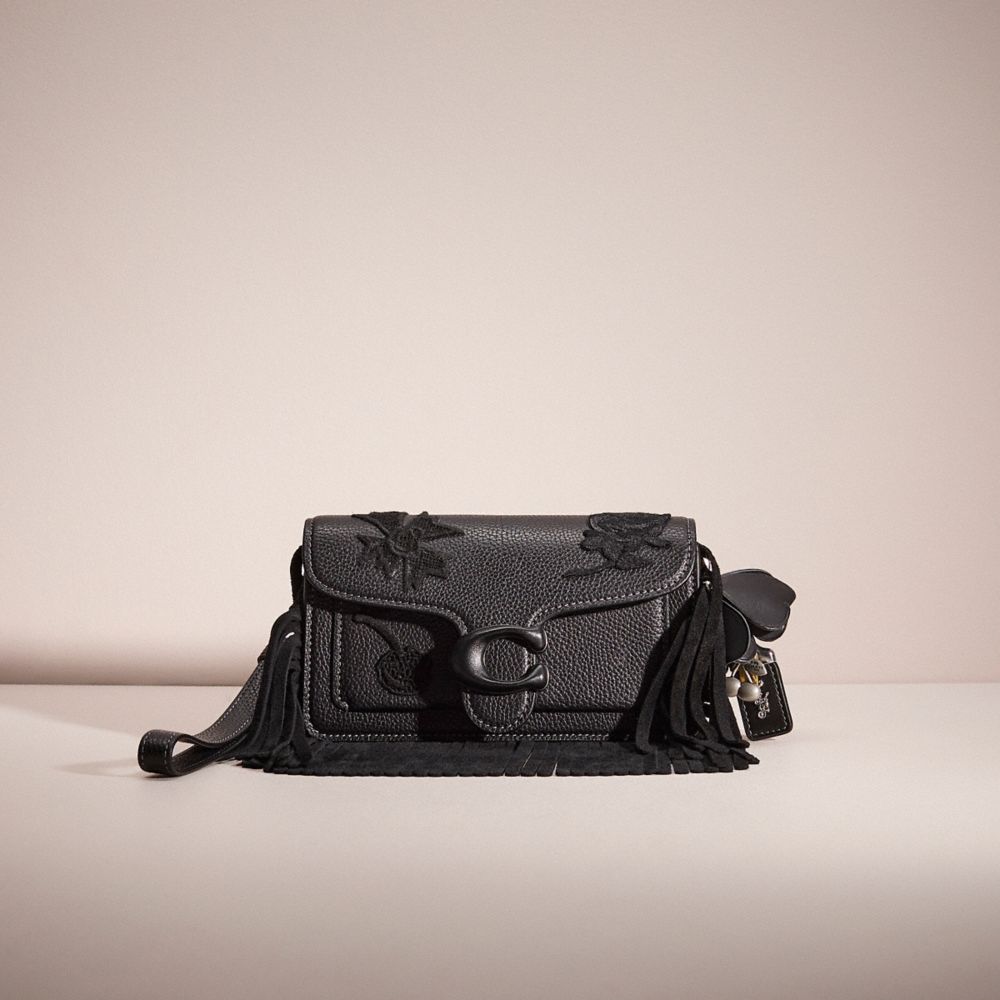 COACH®,Upcrafted Tabby Crossbody Wristlet,Leather,Crossbody,Applique,Logo,Metal,Fringe,Casual,Black,Front View