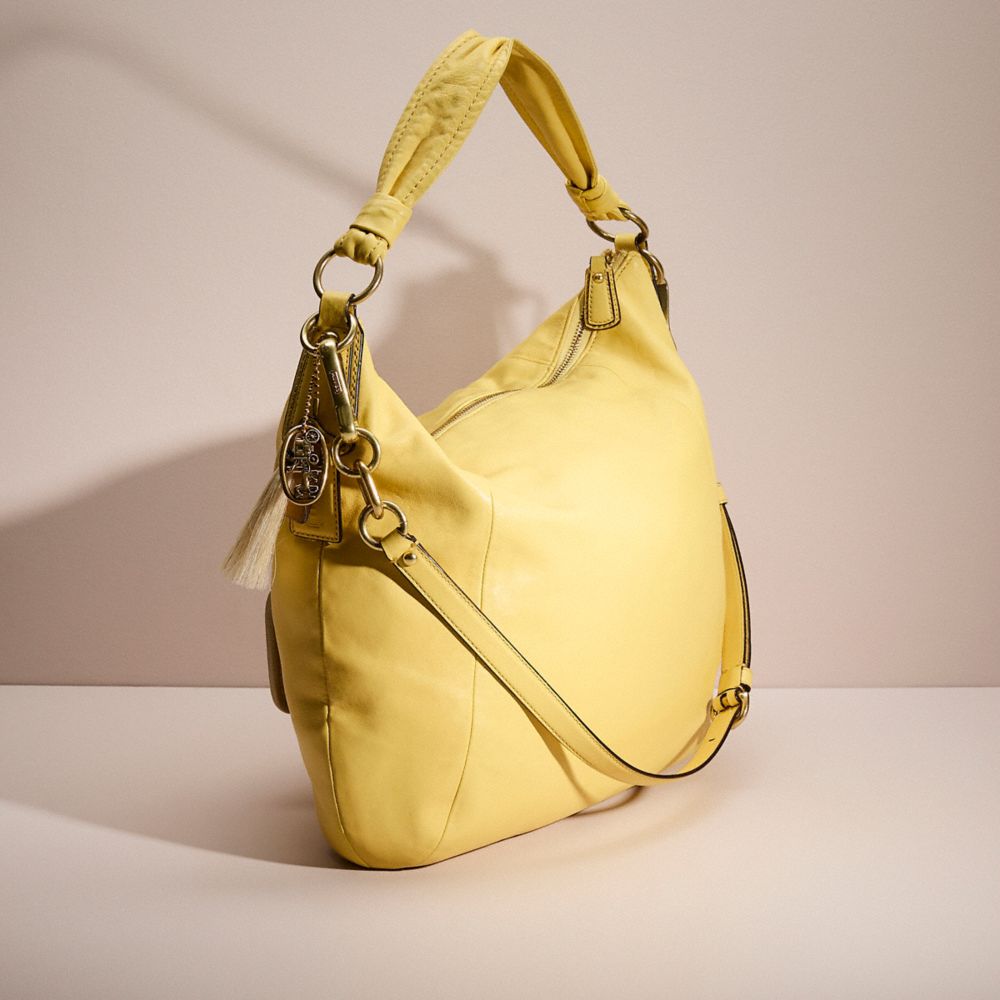 COACH®,Upcrafted Large Kristin Hobo Bag,Crochet,Leather,Hobo,Color Block,Logo,Metal,Mixed Media,Casual,Yellow,Angle View