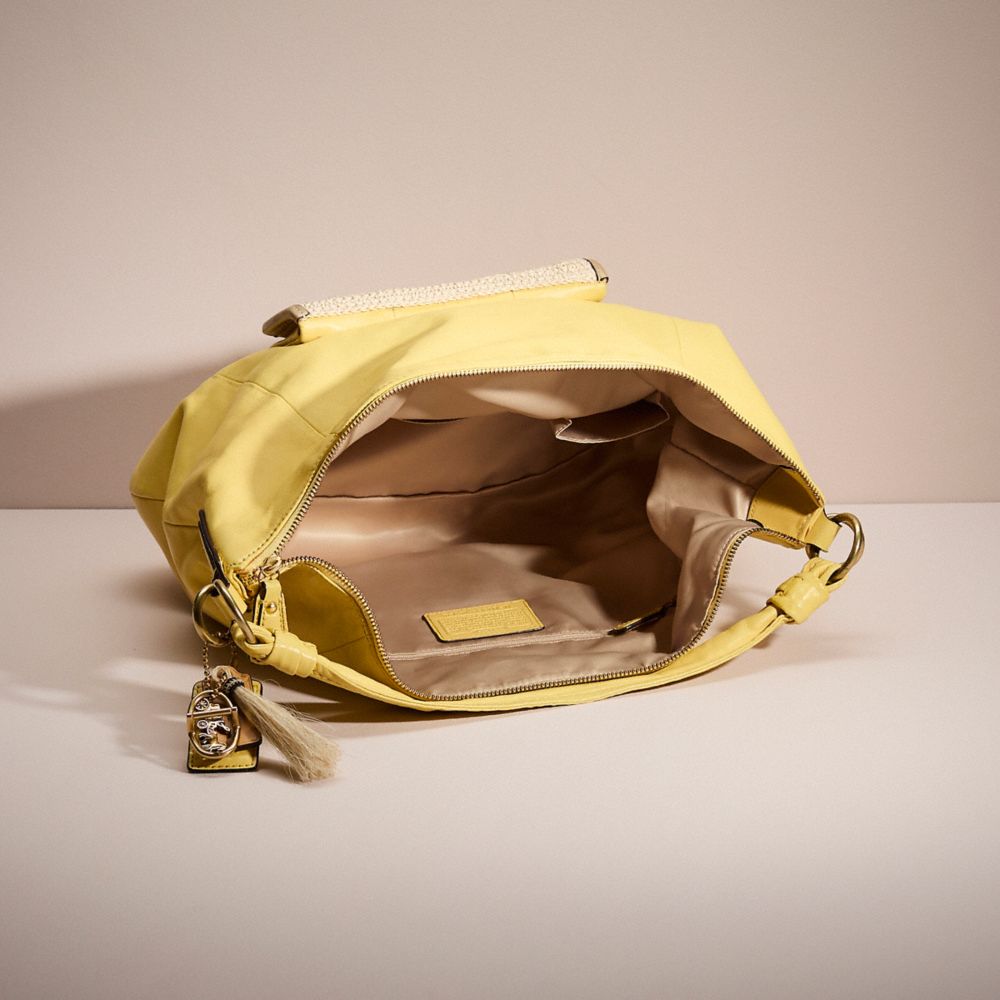 COACH®,Upcrafted Large Kristin Hobo Bag,Crochet,Leather,Hobo,Color Block,Logo,Metal,Mixed Media,Casual,Yellow,Inside View,Top View