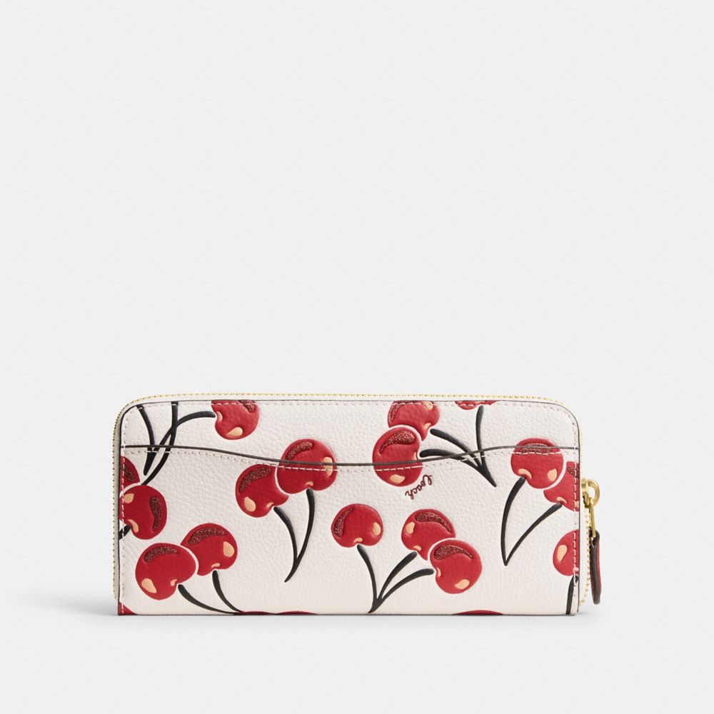 COACH®,PORTEFEUILLE MINCE ESSENTIEL À FERMETURE ZIPPÉE EN ACCORDÉON AVEC IMPRIMÉ À CERISES,Laiton/Craie multi,Back View