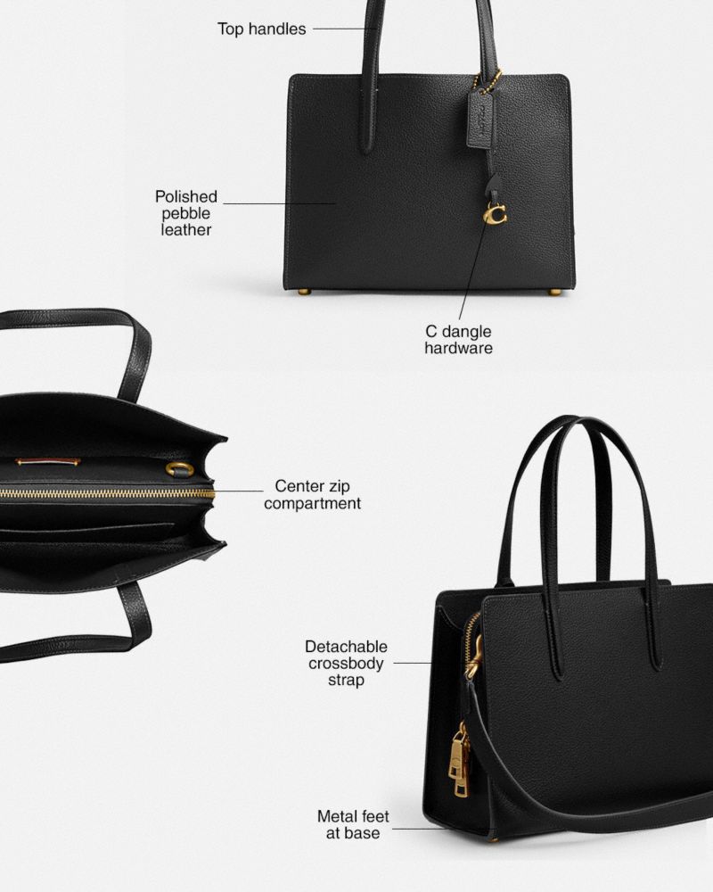 COACH®,Carter Carryall Bag 28,Leather,Satchel,Metal,Embossed,Logo,Adjustable,Gold Metal,Work,Black,Collection