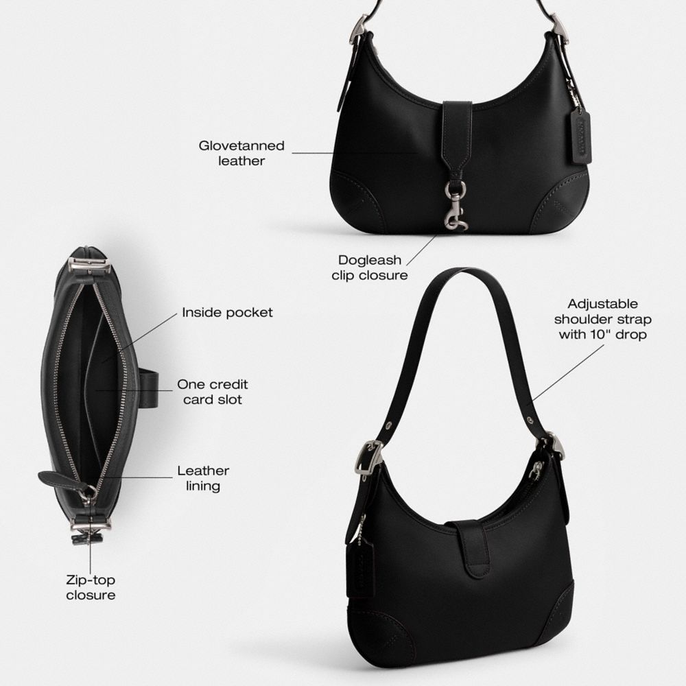 COACH®,Hamptons Hobo Bag,Leather,Shoulder Bag,Metal,Logo,Embossed,Adjustable,Silver Metal,Casual,Black,Collection
