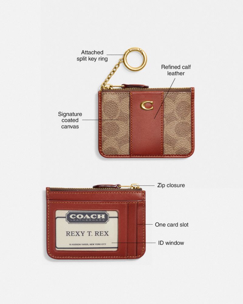 COACH®,Essential Mini Id Card Case In Signature Canvas,Calfskin Leather,Canvas,Card Case,Coin,Color Block,Key Ring,Casual,Gray,Collection