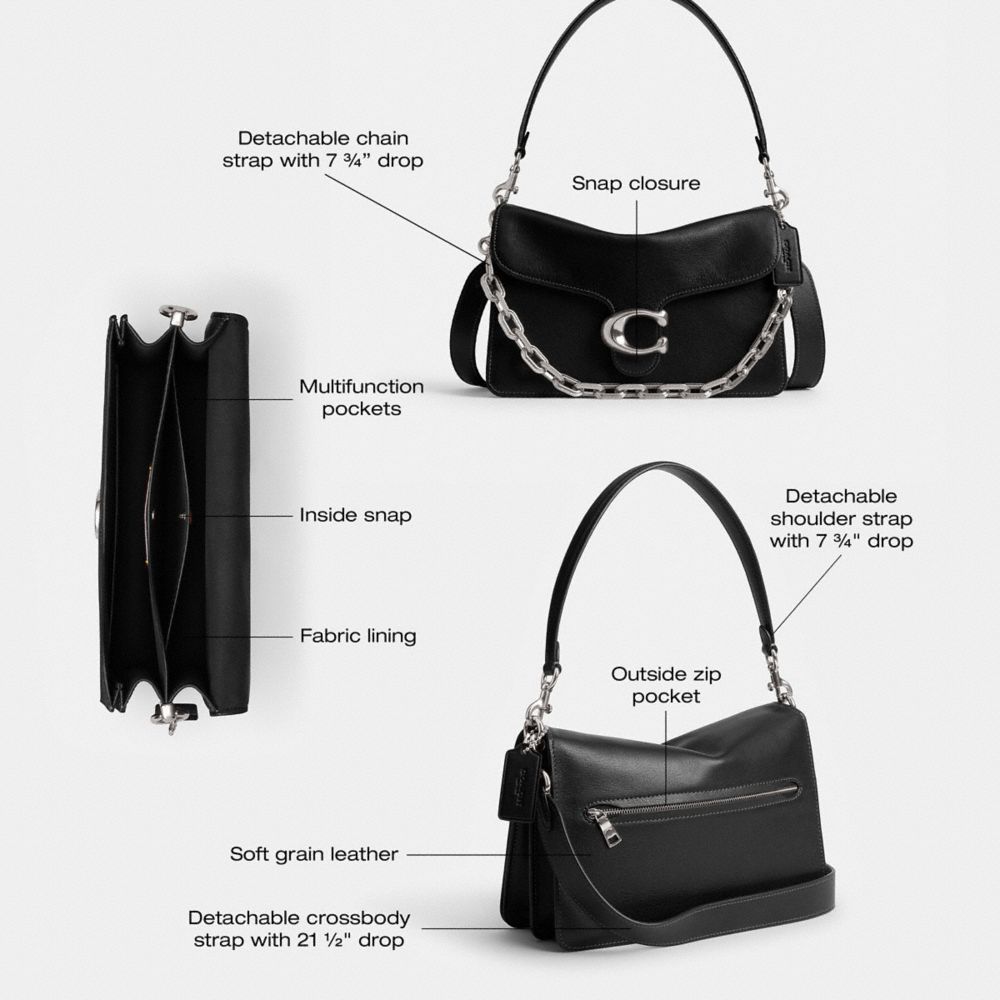 COACH®,Chain Tabby Shoulder Bag,Leather,Shoulder Bag,Metal,Chain Detail,Embossed,Logo,Brass,Day Party,White,Collection