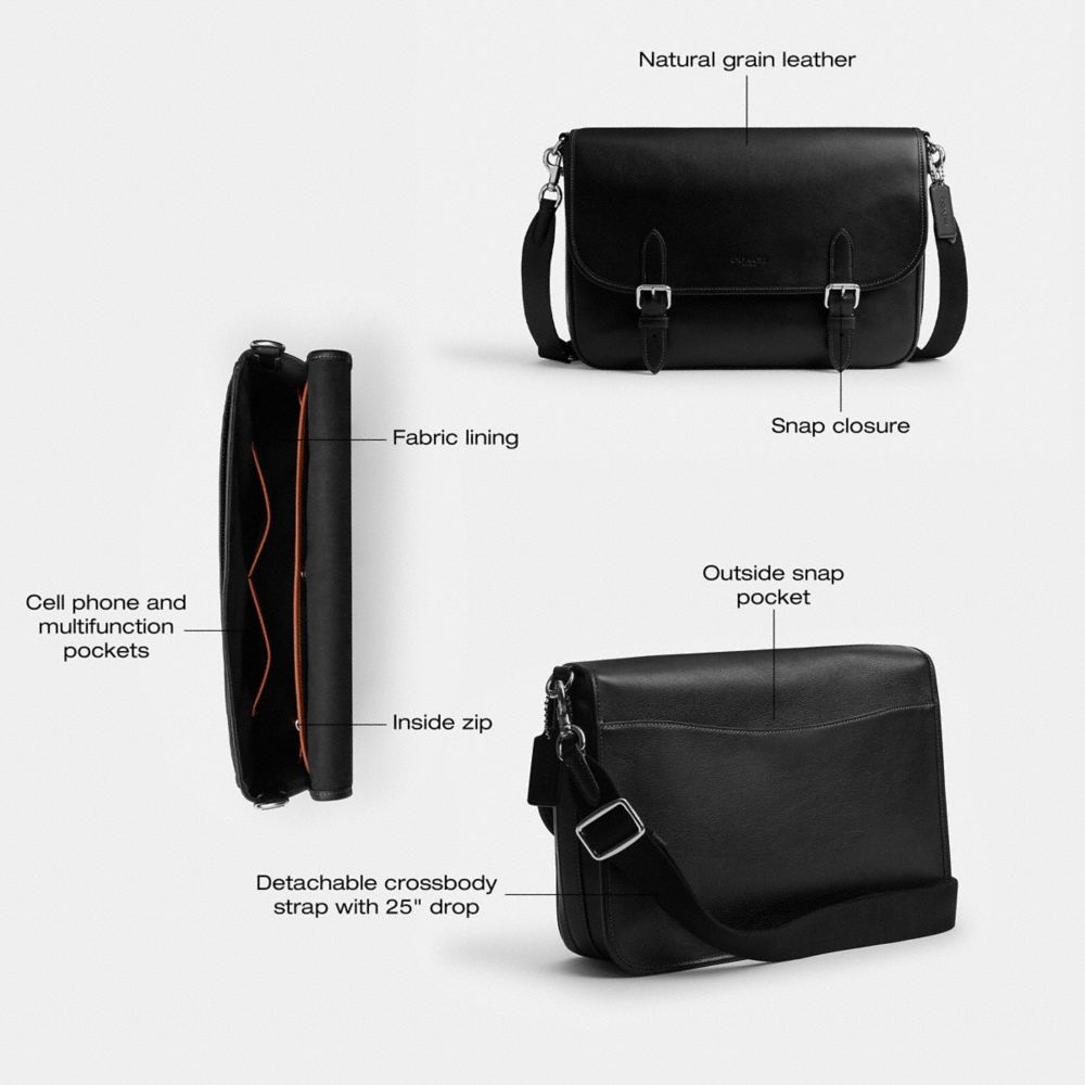 COACH®,Hitch Messenger Bag,Leather,Messenger Bag,Logo,Adjustable,Casual,Black,Collection
