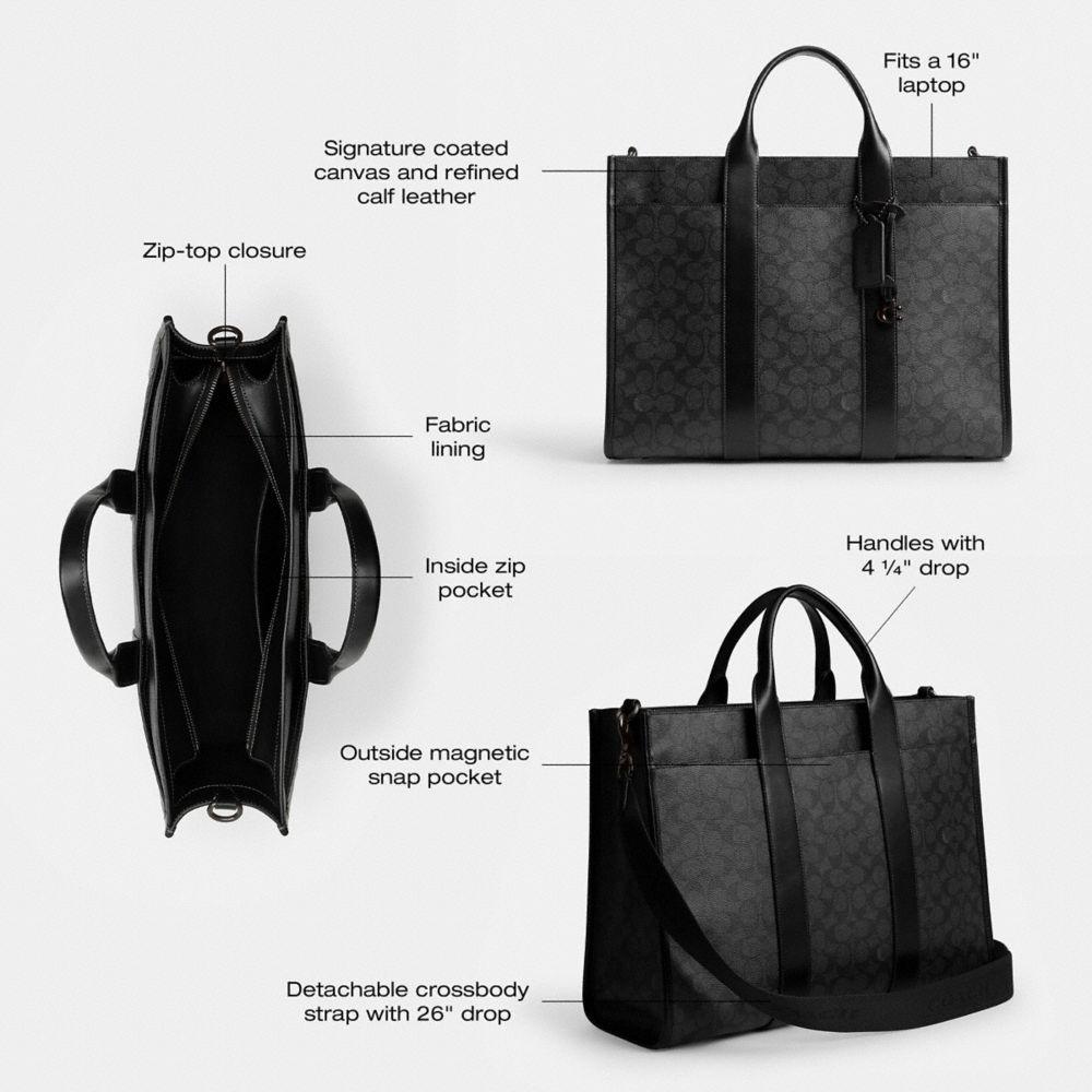 COACH®,Wesley Tote In Signature Canvas,Canvas,Leather,Tote,Casual,Gray,Collection