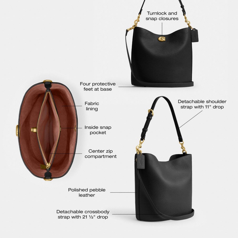 COACH®,Willow Soft Bucket Bag,Leather,Bucket,Logo,Metal,Brass,Casual,White,Collection