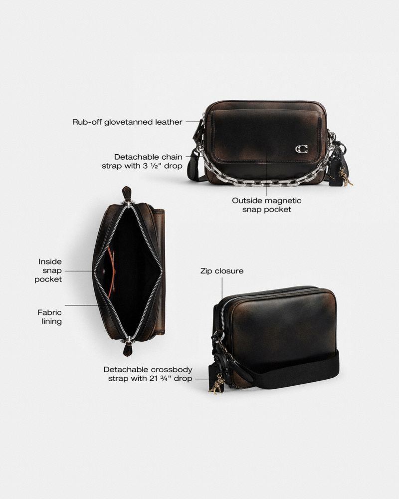 COACH®,Charter Flap Crossbody Bag 24 In Loved Leather,Leather,Crossbody,Logo,Metal,Chain Detail,Lined,Gold Metal,Silver Me...,Black,Collection