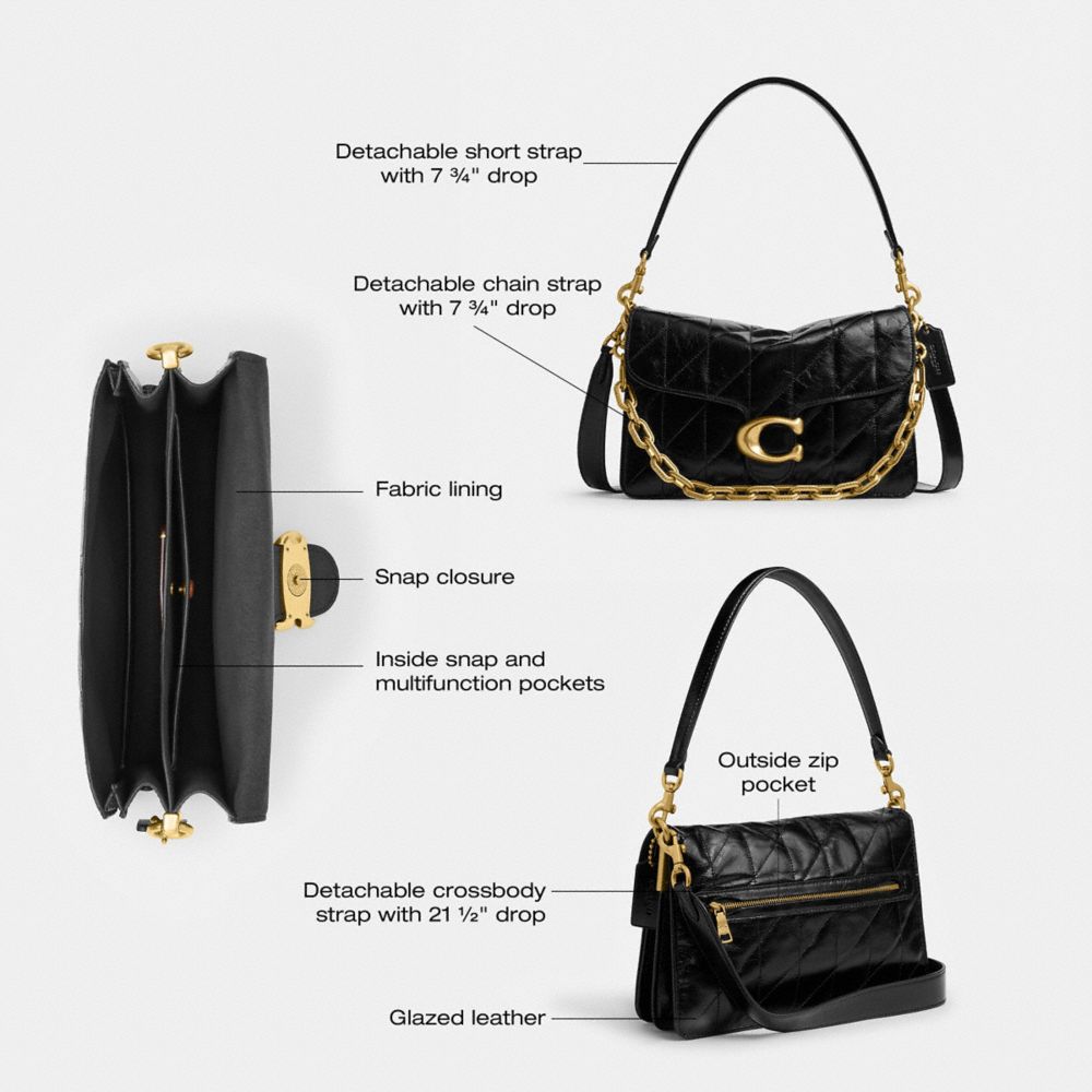 COACH®,Chain Tabby Shoulder Bag With Quilting,Leather,Shoulder Bag,Metal,Logo,Chain Detail,Adjustable,Compact,Brass,Day Party,Brown,Collection
