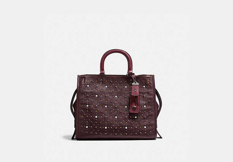 COACH®,ROGUE WITH PRAIRIE RIVETS,Leather,Medium,Black Copper/Oxblood,Front View