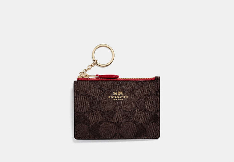 COACH®,MINI SKINNY ID CASE IN SIGNATURE CANVAS,Gold/Brown True Red,Front View