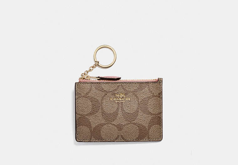 COACH®,MINI SKINNY ID CASE IN SIGNATURE CANVAS,Gold/Khaki Pink Petal,Front View