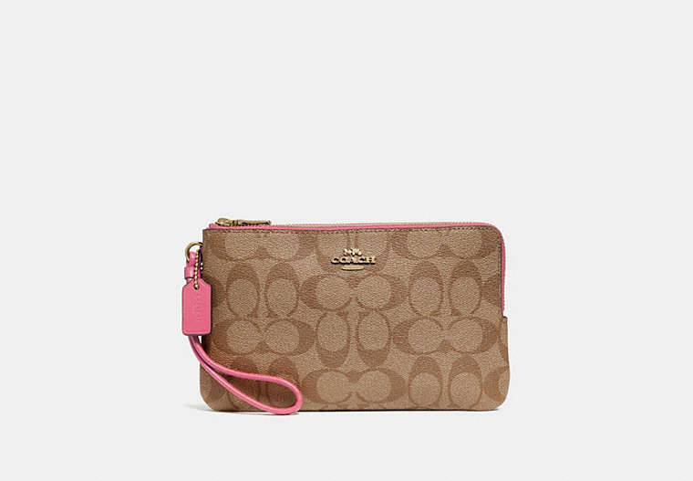 COACH®,DOUBLE ZIP WALLET IN SIGNATURE CANVAS,pvc,Gold/Khaki Pink Ruby,Front View