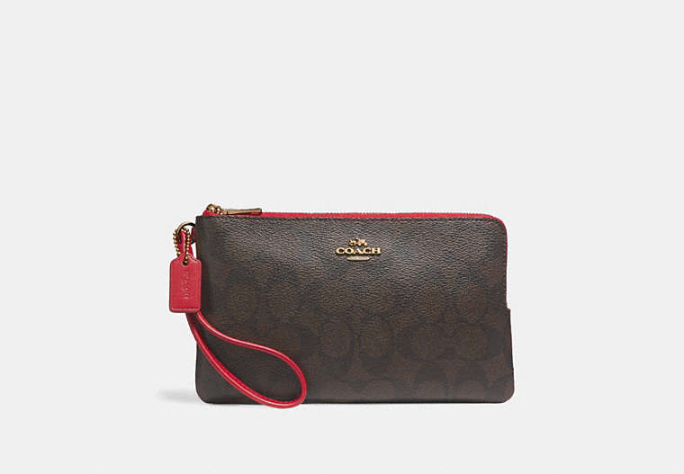 COACH®,DOUBLE ZIP WALLET IN SIGNATURE CANVAS,pvc,Gold/Brown True Red,Front View