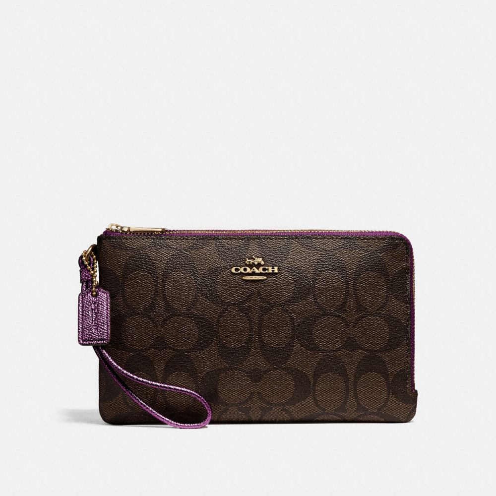COACH®,DOUBLE ZIP WALLET IN SIGNATURE CANVAS,Gold/Brown Metallic Berry,Front View