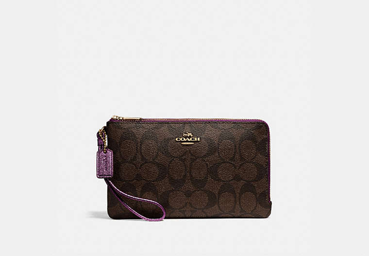 COACH®,DOUBLE ZIP WALLET IN SIGNATURE CANVAS,pvc,Gold/Brown Metallic Berry,Front View
