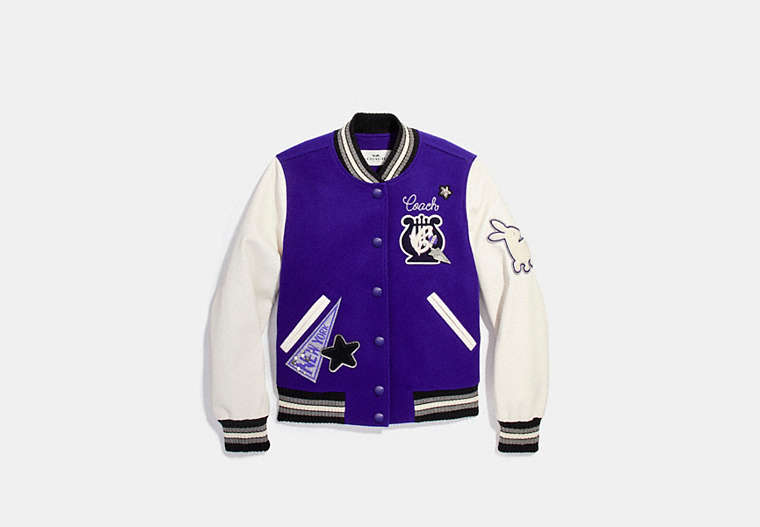COACH®,WAVERLY VARSITY JACKET,mixedmaterial,Purple Cream,Front View image number 0