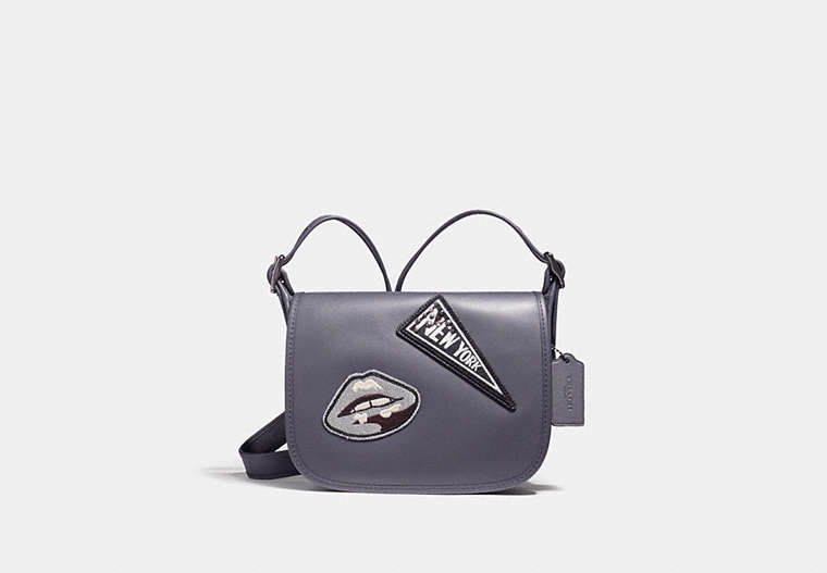 COACH®,PATRICIA SADDLE 23 WITH COOL VARSITY PATCHES,Leather,Small,Gunmetal/Midnight,Front View