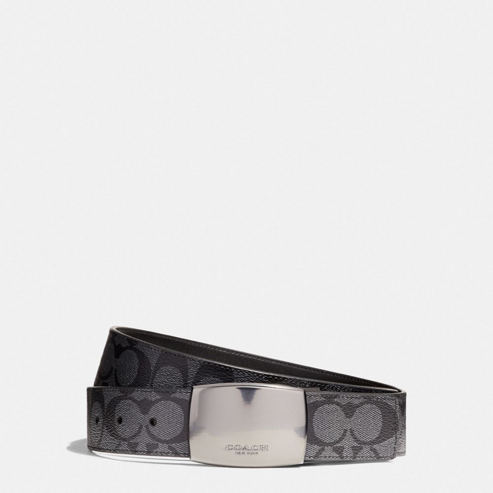 COACH®,Boxed Plaque And Harness Buckle Cut To Size Reversible Belt, 38 Mm,Canvas,Leather,Standard,Logo,Reversible,Gunmetal...,,Inside View,Top View